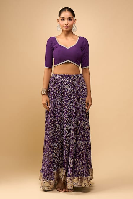Naintara Bajaj_Purple Georgette, Chiffon Zari V-neck Bandhani Lehenga Set _Online_at_Aza_Fashions