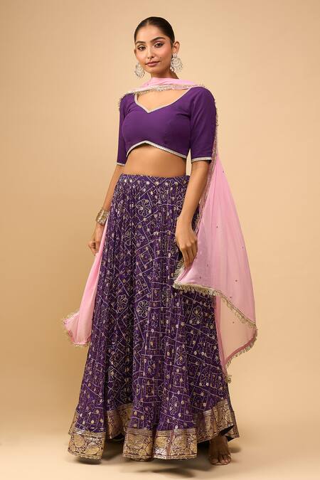 Buy_Naintara Bajaj_Purple Georgette, Chiffon Zari V-neck Bandhani Lehenga Set _Online_at_Aza_Fashions