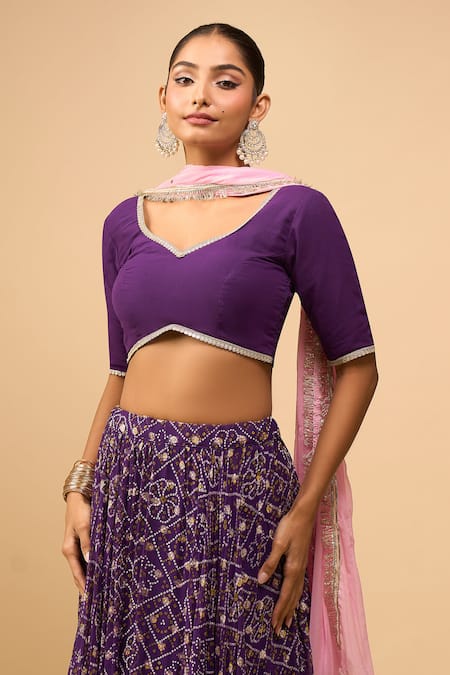 Shop_Naintara Bajaj_Purple Georgette, Chiffon Zari V-neck Bandhani Lehenga Set _Online_at_Aza_Fashions