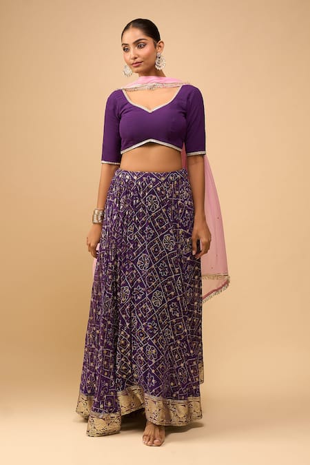 Naintara Bajaj_Purple Georgette, Chiffon Zari V-neck Bandhani Lehenga Set _at_Aza_Fashions