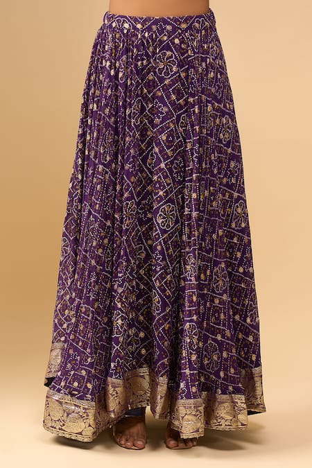 Buy_Naintara Bajaj_Purple Georgette, Chiffon Zari V-neck Bandhani Lehenga Set 