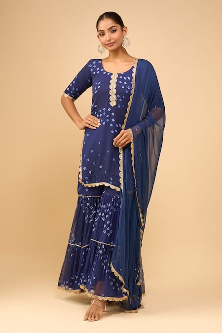 Samyukta Singhania_Blue Chiffon Embroidery, Sequins Round Midnight Sharara Kurta And Dupatta Set _at_Aza_Fashions