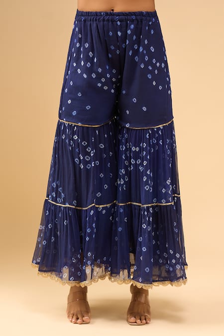 Buy_Samyukta Singhania_Blue Chiffon Embroidery, Sequins Round Midnight Sharara Kurta And Dupatta Set 
