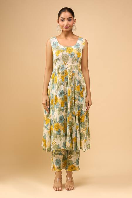 Naintara Bajaj Yellow Cotton, Chiffon Round Neck Floral Anarkali Set Online at Aza Fashions Naintara Bajaj_Yellow Cotton, Chiffon Round Neck Floral Anarkali Set _Online_at_Aza_Fashions