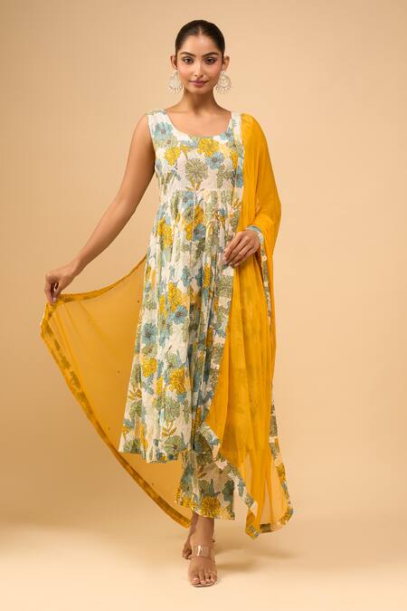 Buy Naintara Bajaj Yellow Cotton, Chiffon Round Neck Floral Anarkali Set Online at Aza Fashions Buy_Naintara Bajaj_Yellow Cotton, Chiffon Round Neck Floral Anarkali Set _Online_at_Aza_Fashions