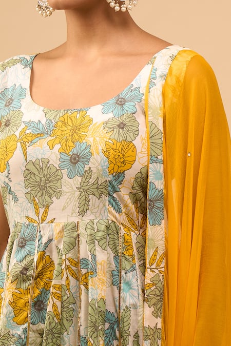 Shop Naintara Bajaj Yellow Cotton, Chiffon Round Neck Floral Anarkali Set Online at Aza Fashions Shop_Naintara Bajaj_Yellow Cotton, Chiffon Round Neck Floral Anarkali Set _Online_at_Aza_Fashions