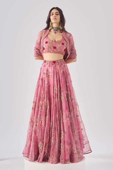Ridhima Bhasin Pink Organza, Crepe Embroidery Round Neck Designer Rahi Lehenga Set Online at Aza Fashions Ridhima Bhasin_Pink Organza, Crepe Embroidery Round Neck Designer Rahi Lehenga Set _Online_at_Aza_Fashions