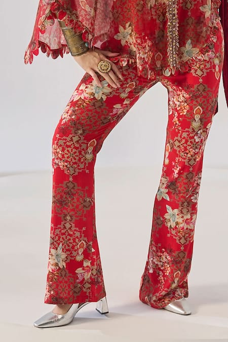 Shop_Ridhima Bhasin_Red Chiffon, Rayon Beads, Embroidery, Pom-poms Round Floral Akira Coord Set _Online_at_Aza_Fashions