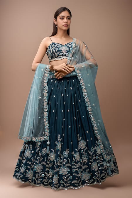 Samyukta Singhania Teal Floral Bloom Embroidered Lehenga Set 
