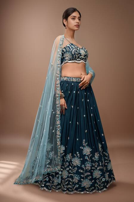 Samyukta Singhania_Green Polyester, Net Sequins, Stones, Embroidery, Teal Floral Bloom Lehenga Set_Online_at_Aza_Fashions
