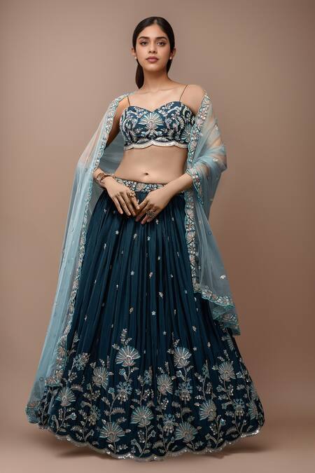 Buy_Samyukta Singhania_Green Polyester, Net Sequins, Stones, Embroidery, Teal Floral Bloom Lehenga Set_Online_at_Aza_Fashions