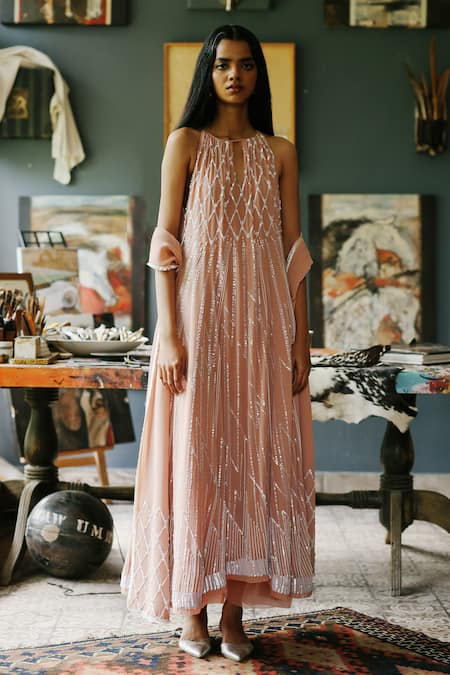 House Of Kotwara Peach Georgette, Cotton, Silk Organza, Cambric Vintage Rose Choga Kurta Set 