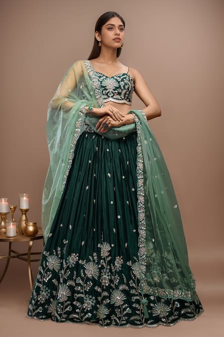 Samyukta Singhania Green Polyester, Net, Cotton Sequins, Floral Bloom Embroidered Lehenga Set 
