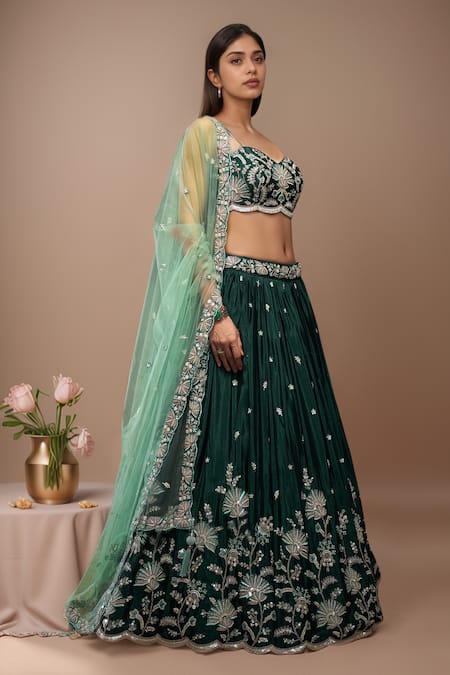 Samyukta Singhania Green Polyester, Net, Cotton Sequins, Floral Bloom Embroidered Lehenga Set Online at Aza Fashions Samyukta Singhania_Green Polyester, Net, Cotton Sequins, Floral Bloom Embroidered Lehenga Set _Online_at_Aza_Fashions