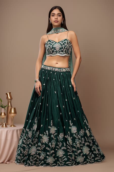 Buy Samyukta Singhania Green Polyester, Net, Cotton Sequins, Floral Bloom Embroidered Lehenga Set Online at Aza Fashions Buy_Samyukta Singhania_Green Polyester, Net, Cotton Sequins, Floral Bloom Embroidered Lehenga Set _Online_at_Aza_Fashions