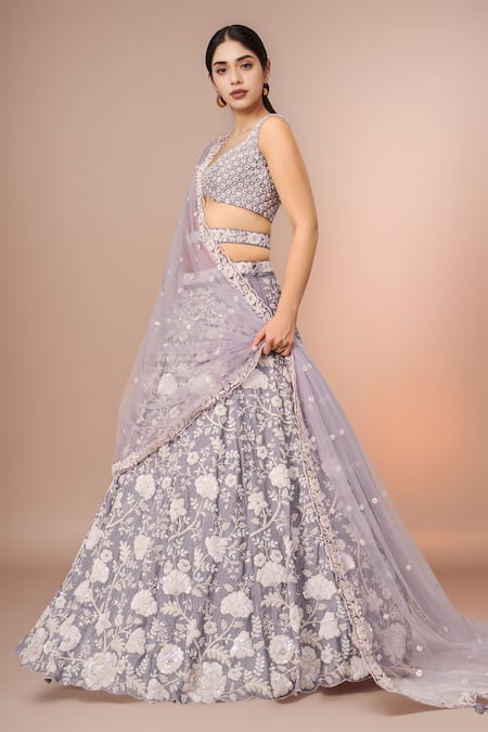 Buy Samyukta Singhania Purple Polyester, Net Embroidery, Sequins Floral Sequence Lehenga Set Online at Aza Fashions Buy_Samyukta Singhania_Purple Polyester, Net Embroidery, Sequins Floral Sequence Lehenga Set_Online_at_Aza_Fashions