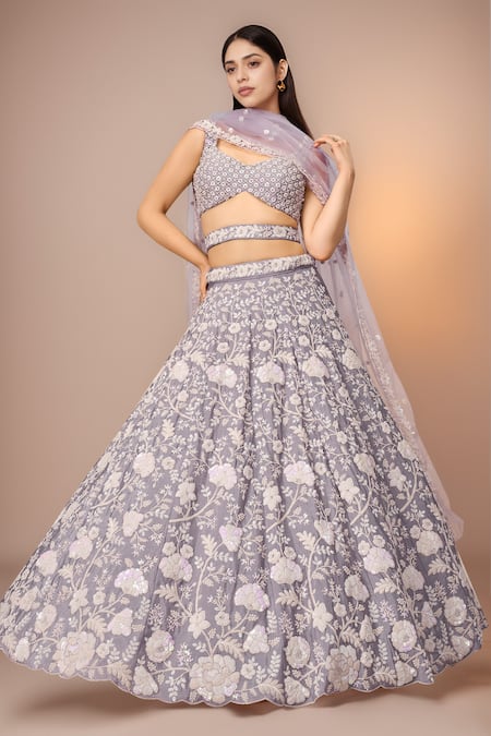 Shop Samyukta Singhania Purple Polyester, Net Embroidery, Sequins Floral Sequence Lehenga Set Online at Aza Fashions Shop_Samyukta Singhania_Purple Polyester, Net Embroidery, Sequins Floral Sequence Lehenga Set_Online_at_Aza_Fashions