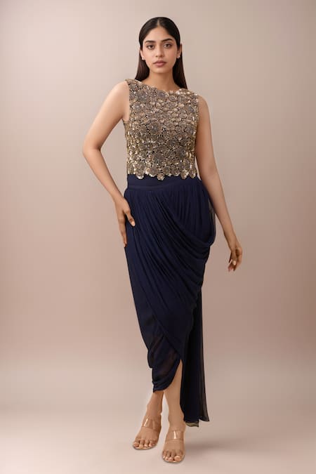 Anamika Khanna Blue Sequins, Beads Round Neck Indigo Embroidered Skirt Set 