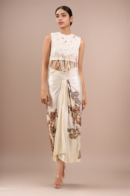 Anamika Khanna Ivory Beads, Embroidery Round Neck Skirt Set 