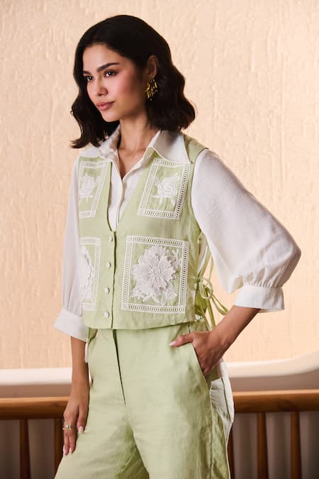 Label Deepika Nagpal_Green Cotton, Linen Embroidery Collared Genie Co-ord Set _Online_at_Aza_Fashions