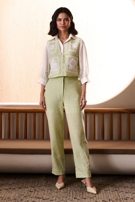 Buy_Label Deepika Nagpal_Green Cotton, Linen Embroidery Collared Genie Co-ord Set _Online_at_Aza_Fashions