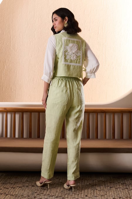 Shop_Label Deepika Nagpal_Green Cotton, Linen Embroidery Collared Genie Co-ord Set _at_Aza_Fashions