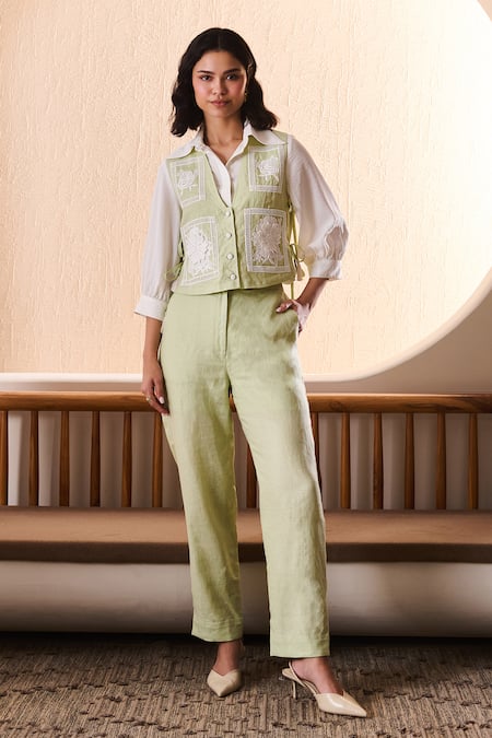 Label Deepika Nagpal Green Cotton, Linen Embroidery Collared Genie Co-ord Set 