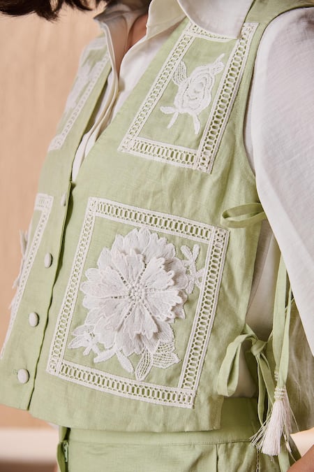 Shop_Label Deepika Nagpal_Green Cotton, Linen Embroidery Collared Genie Co-ord Set _Online_at_Aza_Fashions