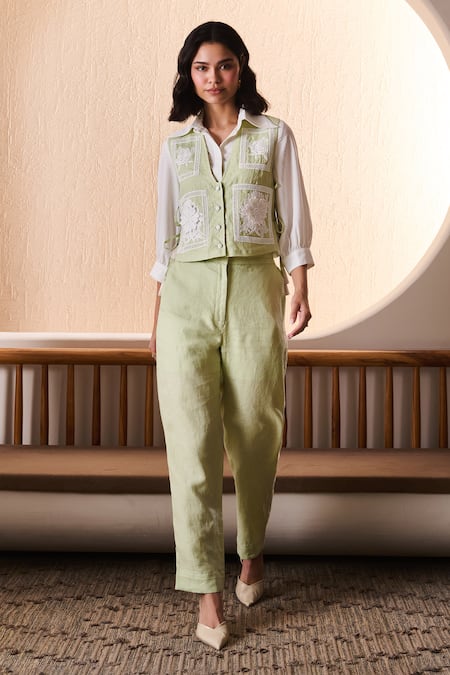 Label Deepika Nagpal_Green Cotton, Linen Embroidery Collared Genie Co-ord Set _at_Aza_Fashions