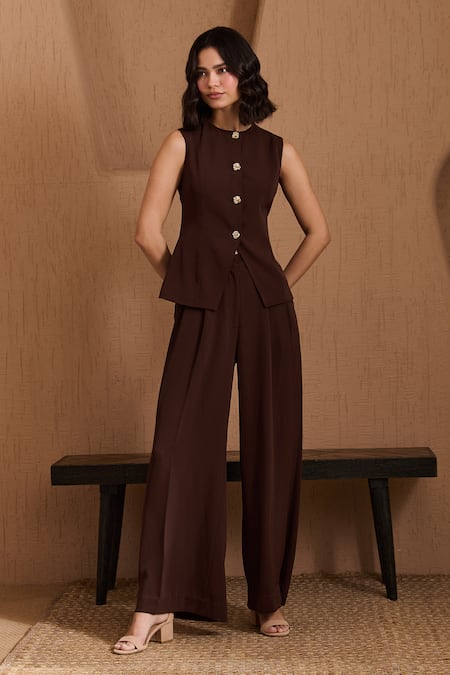Shop Label Deepika Nagpal Brown Crepe Round Neck Delaware Co-ord Set Online at Aza Fashions Shop_Label Deepika Nagpal_Brown Crepe Round Neck Delaware Co-ord Set _Online_at_Aza_Fashions