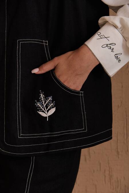 Label Deepika Nagpal_Black Cotton, Linen Embroidery Open Neck, Collared Annabel Co-ord Set_Online_at_Aza_Fashions
