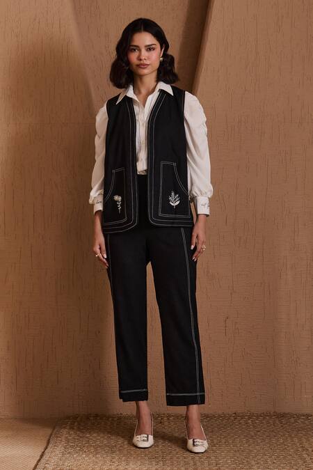 Buy_Label Deepika Nagpal_Black Cotton, Linen Embroidery Open Neck, Collared Annabel Co-ord Set_Online_at_Aza_Fashions