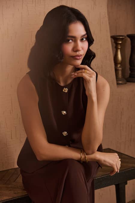 Buy_Label Deepika Nagpal_Brown Crepe Round Neck Connecticut Co-ord Set _Online_at_Aza_Fashions