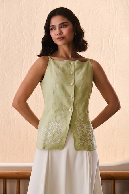 Shop_Label Deepika Nagpal_Green Cotton, Linen Round Neck Zora Matcha Co-ord Set _Online_at_Aza_Fashions