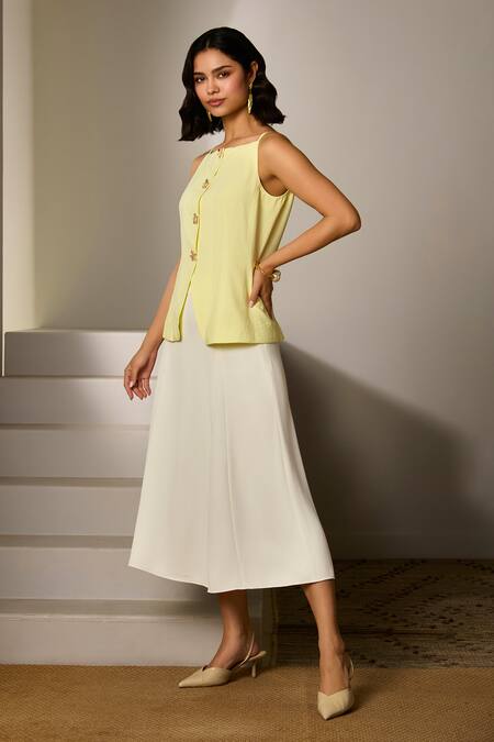 Label Deepika Nagpal_Yellow Cotton, Linen Crew Neck Butter Zora Co-ord Set _Online_at_Aza_Fashions