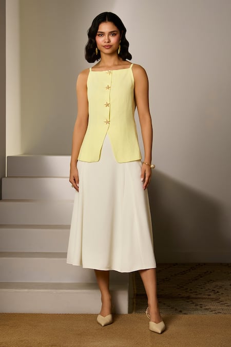 Buy_Label Deepika Nagpal_Yellow Cotton, Linen Crew Neck Butter Zora Co-ord Set _Online_at_Aza_Fashions