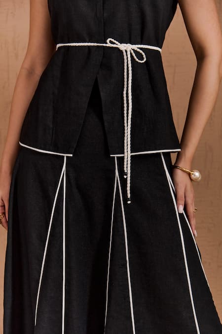 Label Deepika Nagpal_Black Cotton, Linen Round Neck Loretta Co-ord Set _Online_at_Aza_Fashions