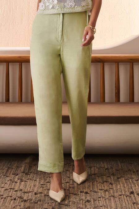 Label Deepika Nagpal_Green Cotton, Linen Lace Round , Square Matcha Co-ord Set_Online_at_Aza_Fashions