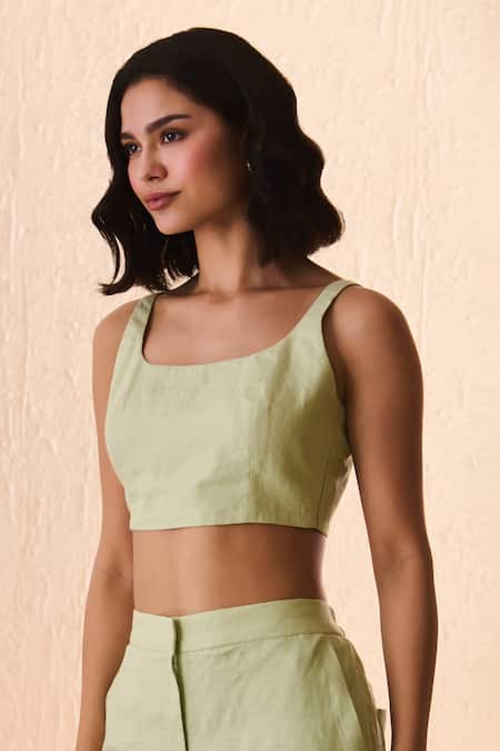 Buy_Label Deepika Nagpal_Green Cotton, Linen Lace Round , Square Matcha Co-ord Set_Online_at_Aza_Fashions
