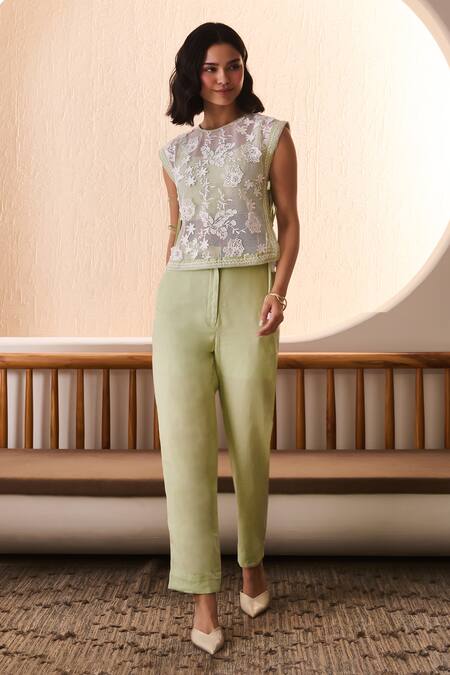 Label Deepika Nagpal_Green Cotton, Linen Lace Round , Square Matcha Co-ord Set_at_Aza_Fashions