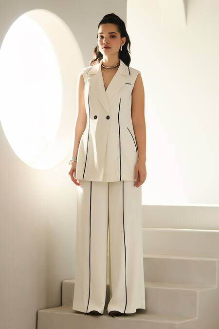 Shop Label Deepika Nagpal Ivory Crepe Riviera Co-ord Set Online at Aza Fashions Shop_Label Deepika Nagpal_Ivory Crepe Riviera Co-ord Set_Online_at_Aza_Fashions