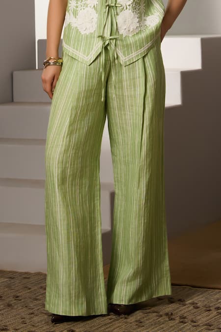 Shop Label Deepika Nagpal Green Cotton, Linen V-neck Co-ord Set Online at Aza Fashions Shop_Label Deepika Nagpal_Green Cotton, Linen V-neck Co-ord Set _Online_at_Aza_Fashions