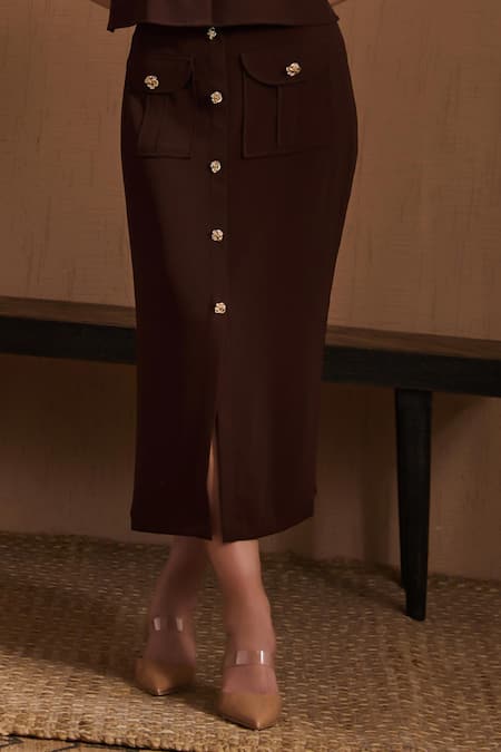 Label Deepika Nagpal Brown Crepe Collared Juliette Co-ord Set Online at Aza Fashions Label Deepika Nagpal_Brown Crepe Collared Juliette Co-ord Set _Online_at_Aza_Fashions