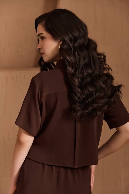 Buy Label Deepika Nagpal Brown Crepe Collared Juliette Co-ord Set Online at Aza Fashions Buy_Label Deepika Nagpal_Brown Crepe Collared Juliette Co-ord Set _Online_at_Aza_Fashions