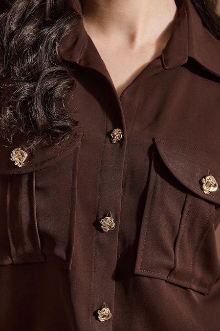 Shop Label Deepika Nagpal Brown Crepe Collared Juliette Co-ord Set Online at Aza Fashions Shop_Label Deepika Nagpal_Brown Crepe Collared Juliette Co-ord Set _Online_at_Aza_Fashions