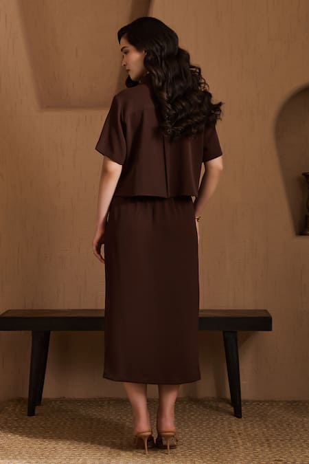 Shop Label Deepika Nagpal Brown Crepe Collared Juliette Co-ord Set at Aza Fashions Shop_Label Deepika Nagpal_Brown Crepe Collared Juliette Co-ord Set _at_Aza_Fashions