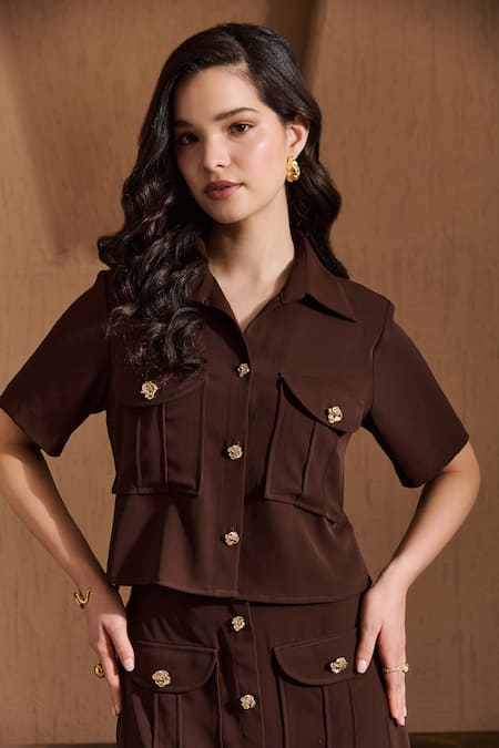 Label Deepika Nagpal Brown Crepe Collared Juliette Co-ord Set at Aza Fashions Label Deepika Nagpal_Brown Crepe Collared Juliette Co-ord Set _at_Aza_Fashions