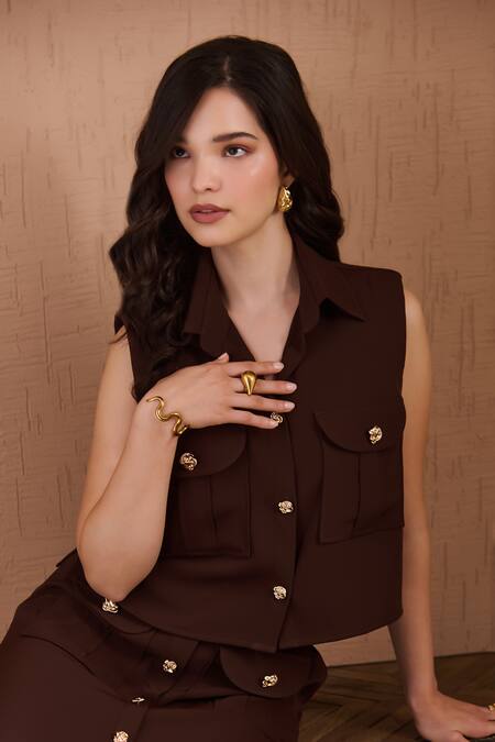 Label Deepika Nagpal_Brown Crepe Collared Juliana Co-ord Set _Online_at_Aza_Fashions