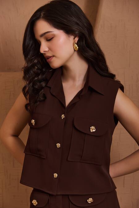 Label Deepika Nagpal_Brown Crepe Collared Juliana Co-ord Set _at_Aza_Fashions