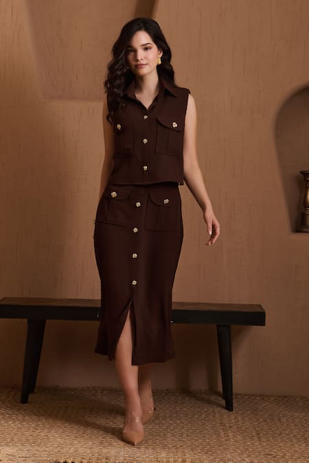 Label Deepika Nagpal Brown Crepe Collared Juliana Co-ord Set 
